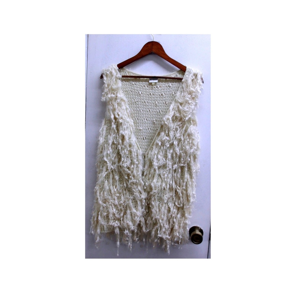 Sioni Studio Textured‎ Fringe Knit Vest Cream S/M Boho Chic / #1292